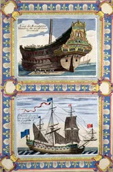 Navios mercantes pertencentes à Companhia Holandesa das Índias Orientais (gravura a cores)