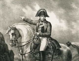NAPOLEÃO I Bonaparte (1769-1821). Militar e político francês, imperador de França (1804-1815). Pormenor de um retrato equestre de Napoleão, inspirado no retrato original de Joseph Chabord. Gravura