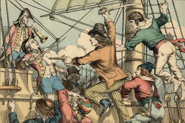 Robert Surcouf, marinheiro e corsário francês, aqui a bordo do barco inglês "Triton" em 1796 (gravura)