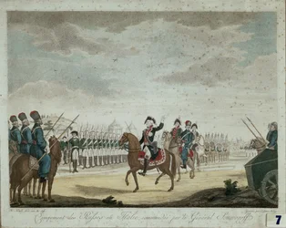 Acampamento russo em Itália em 1799, comandado pelo Príncipe e Marechal de Campo Alexander Suvorov (impressão a cores)