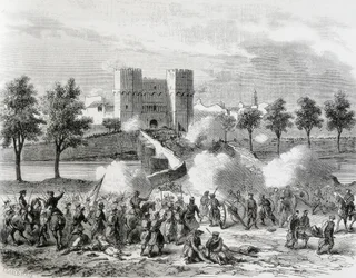 Espanha (1868). Revolução Gloriosa. Ataque das tropas governamentais na Porta de Serrans, em Valência. Gravura de "A Ilustração. Jorinal Universal". Gravura