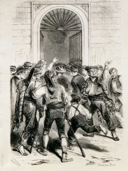 Espanha (1873). Proclamação da Primeira República e tomada de assalto da Câmara Municipal de Barcelona (11 de fevereiro de 1873). Gravura.