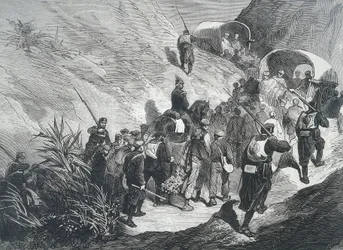 Espanha. Terceira Guerra Carlista. Prisioneiros carlistas a atravessar as montanhas em Emporda (Catalunha). Gravura.