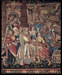 O navegador português Vasco da Gama (1459-1524) chegou a Calicute, na Índia, em 1498, pormenor, tapeçaria