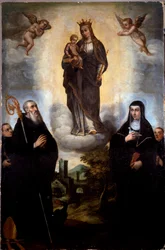 A Virgem tem o Menino com São Bento de Nursie e a sua irmã Sainte Scolastique (Escolástica), fundadora da Ordem dos Beneditinos Pintura anónima. Abadia de Monte Cassino, Itália