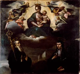 A Virgem tem o Menino com São Bento de Nursie e a sua irmã Sainte Scolastique (Escolástica), fundadora da Ordem dos Beneditinos Pintura anónima. Abadia de Monte Cassino, Itália