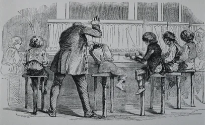 REINO UNIDO. INGLATERRA. Revolução Industrial. Crianças a utilizar máquinas numa fábrica de têxteis. Gravura.