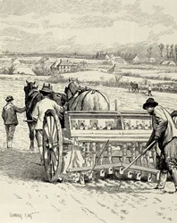 REINO UNIDO. INGLATERRA. Revolução Industrial. Máquina de perfuração inventada por Jethro Tull. Semeadura de cevada em fevereiro. Desenho de Gunning King publicado no "The Illustrated London News". Gravura.