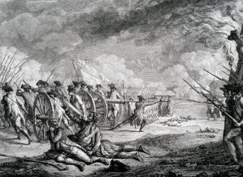 Guerra da Independência dos Estados Unidos - Uma representação francesa da Batalha de Lexington, Massachusetts