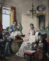 Wolfgang Amadeus Mozart (1756-1791), moribundo, dirige um grupo de músicos para o Requiem que acabou de terminar (Mozart (1756-1791) nos seus últimos dias a dirigir um grupo de músicos para o Requiem)