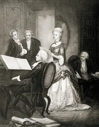 Wolfgang Amadeus Mozart acompanhando ao piano a soprano Caterina Cavalieri.