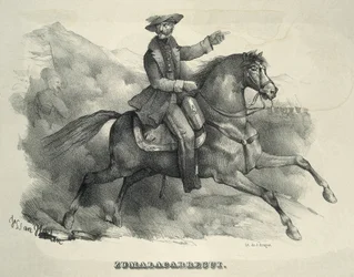 ZUMALACARREGUI, Tomas (1788-1835). General carlista. Em Espanha. Primeira Guerra Carlista. Zumalacarregui montado num cavalo. Gravura.