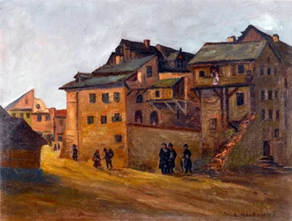 "Bairro judeu em Cracóvia por Markowicz, Artur (1872-1934), - Óleo sobre tela, 21x27,5 - Colecção privada