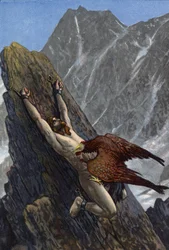 Águia devorando o fígado de Prometeu, acorrentado a uma pedra por Zeus em punição por roubar fogo dos deuses e dá-lo à humanidade (cor litho)