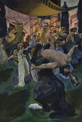 Satyrs interrompendo a festa de casamento de Orfeu e Eurídice, cena de Orfeu no Submundo (cor litho)