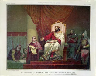 Carlos Magno (742-814) promulga o capitular de Herstal em 779, gravado por Eugène Ronjat, c. 1860-80