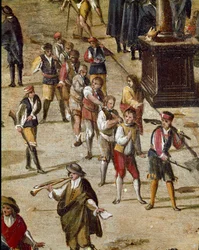Praça do tribunal da Vicaria em Nápoles durante a revolução de Masaniello. Criminosos são julgados diante da entrada - Pormenor representando um grupo de condenados acorrentados pelo pescoço - Ascanio Luciani (c. 1621-1706). Nápoles, Museo Nazionale