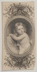 Motivo de notas: um retrato de criança e duas ovais estampadas rodeadas por um f..., c. 1824-37.