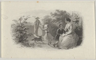 Vinheta de notas com uma família em um jardim, ca. 1824-37.