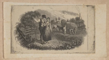 Vinheta de notas com haymakers simbolizando a indústria rural, ca. 1824-37.