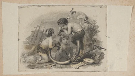 Vinheta de notas com três putti como pastor, agricultor e marinheiro, ca. 1824-37.