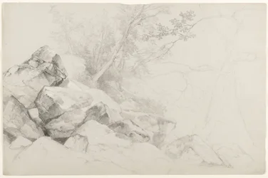 Estudo de Rochas com Árvores, Haia, Lago George, Nova York, 1862 (grafite sobre papel cinza)