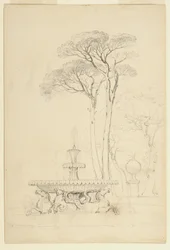Vista da Fonte do Hipocampo - Fontana de &39;Cavalli Marini por Cristoforo Unterberger, 1791 - nos Jardins Borghese, Roma, Itália, 1841 (grafite sobre papel)