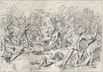 Guerra do Peloponeso: A Batalha de Potidee (La battaglia di Potidea) onde o filósofo grego Sócrates salvou a sua vida em Alcibiade. (Engraving d