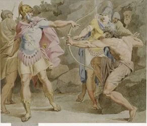 Filoctetes mirando o arco de Hércules em Odisseu
