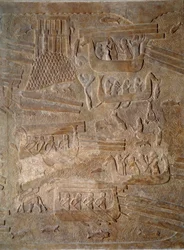 Art Mesopotâmia (Assíria): pátio do palácio do rei da Assíria Sargão II (721 - 705 a.C.) transporte de madeira de cedro do Líbano. Paris, Musee Du Louvre