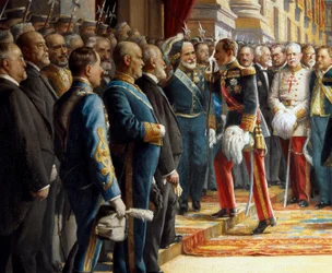 A abertura das Cortes no Senado, pormenoriza Alfonso XIII de Espanha (1886-1941) saúda Antonio Maura y Montaner (1853-1925) ao entrar no Senado, 24 de Junho de 1920
