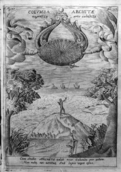 Arquitas de Tarento (435-347 a.C.) faz voar uma pomba de madeira. Gravura de «Mundus Subterraneus», de Athanasius Kircher (1601-1680), jesuíta, orientalista e erudito.