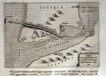 Representação cartográfica de «Caríbdis» e «Cila» no estreito de Messina, Sicília. Gravura de «Mundus Subterraneus» de Athanasius Kircher (1601-1680), jesuíta, orientalista e erudito, 1682