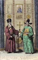Retrato de Matteo Ricci (esquerda), Jesuite italiano e Paul Ly, grande propagador da fé cristã na China, gravura de "De China monumenta" de Athanasius Kircher (1601-1680), Jesuite, orientalista e estudioso alemão.