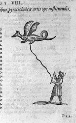 O filósofo grego Arquitas de Tarento (435-347 a.C.), filósofo pitagórico, matemático e astrónomo, e a sua pomba de madeira capaz de voar. Gravura de «Mundus Subterraneus», de Athanasius Kircher (1601-1680), 1682
