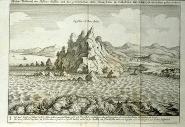 Vista das rochas de "Charybde" e "Scylla" em Detroit de Messina, Sicília" Gravura de "Mundus Subterraneus" de Athanasius Kircher (1601-1680), Jesuite, orientalista e erudito 1682