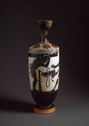 Arte grega: "Heracles and Atlas" Detalhe de Heracles (Hércules) Lekythos (lecyth) branco realizado pelo pintor de Athena (450-400 AC). Atenienses, Museu Nacional de Arqueologia
