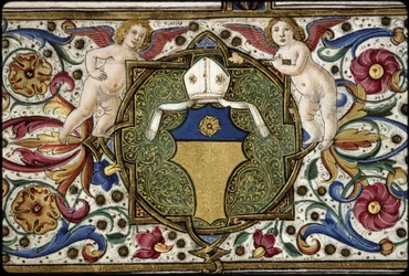 Missal de Thomas James: pormenor das armas do comissário, "Or, on a chief azure a rose Or".