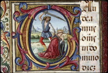 Missal de Thomas James: pormenor de uma letra G: o martírio de São Tomás Becket.