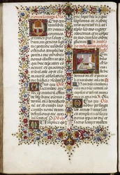 Missal de Thomas James: página com duas iniciais: um altar e a dedicação de uma igreja.