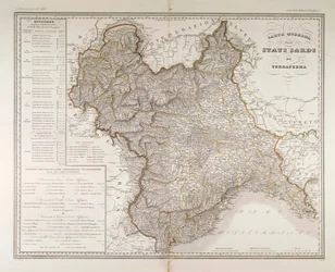Estados da Sardenha no continente. Mapa de Attilio Zuccagni-Orlandini, retirado do Atlas Geográfico dos Estados Italianos, Florença, gravura em cobre