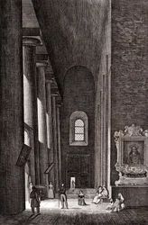 Corredor lateral da Catedral de Nativita di Maria Santissima em Siracusa, Sicília, Itália, gravura em cobre, cerca de 19x29 cm