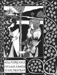 Arthurian Legend: "The fee Morgane gives a shield to Tristan" Gravação em "The story of Tristan and his adventures, which includes his love story with Isolde" "The Morte of Arthur" de Sir Thomas Malory, edição ilustrada por Aubrey deu Beardsley (