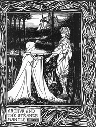 Rei Artur recebe a visita de uma jovem enviada por Morgane (Rei Artur e o estranho manto enviado por Morgan, o feiticeiro) Ilustração de Aubrey Beardsley (1872-1898) de Thomas Malory, "A Morte de Artur".