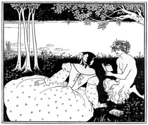 Pan lendo para uma mulher por um riacho, 1898.