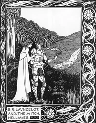 Sir Launcelot e a bruxa Hellawes (Lancelot e a bruxa Hellawes) Ilustração de Aubrey Beardsley (1872-1898) de Thomas Malory "The Death of Arthur"