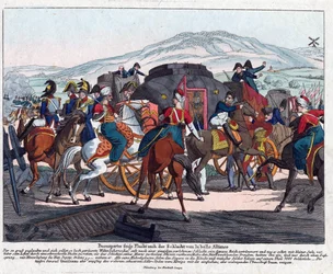 O Vôo de Napoleão após a Batalha de Waterloo (1815) - Campe, August Friedrich Andreas (1777-1846) - Gravura, aguarela - 21,5x26,3 - Coleção Privada