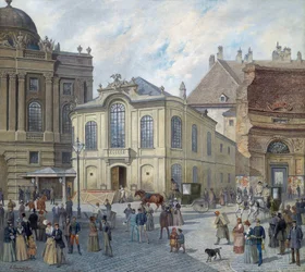 O antigo Burgtheater em Viena - August Gerasch (1822-1908). Óleo sobre tela, c. 1900. Dimensões: 78x87 cm. Coleção privada