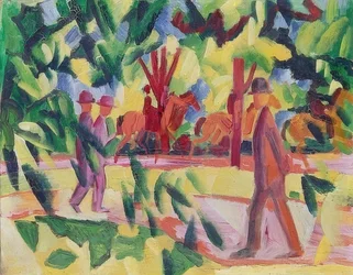 Cavaleiros e caminhantes em uma avenida. 1914
