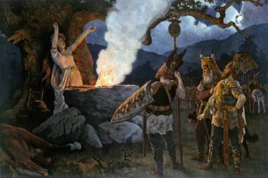Os guerreiros celtas consultam uma sacerdotisa. Pintura por Augustus Dieffenbacher.